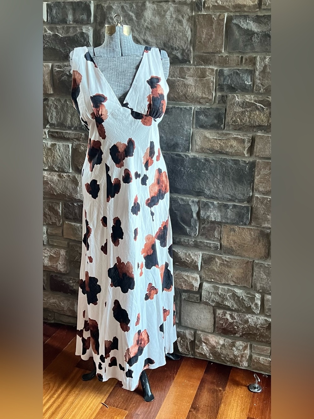 White Maxi Dress with Black and Copper Floral Print